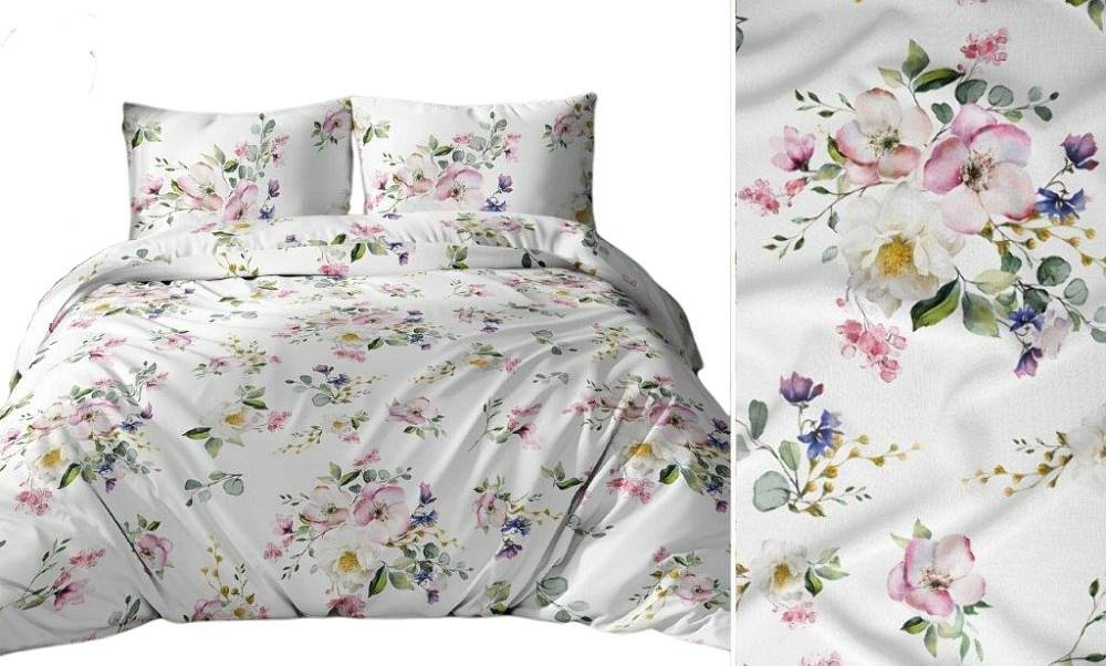 Pościel 160x200 biała zielona wielokolorowa kwiaty liście bawełna Max