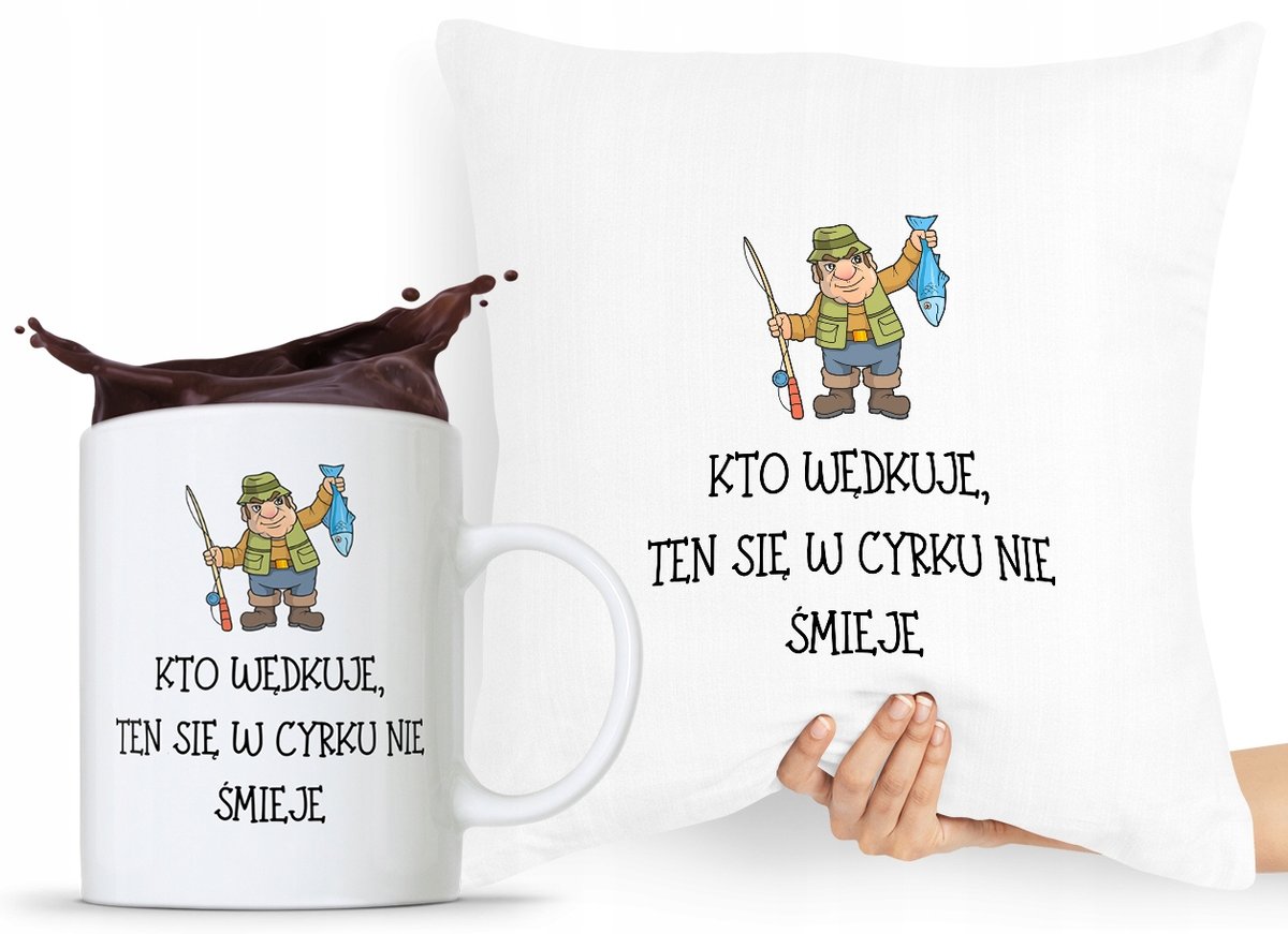ZESTAW PODUSZKA + KUBEK WĘDKARZA RYBAKA PREZENT z Nadrukiem ze Zdjęciem