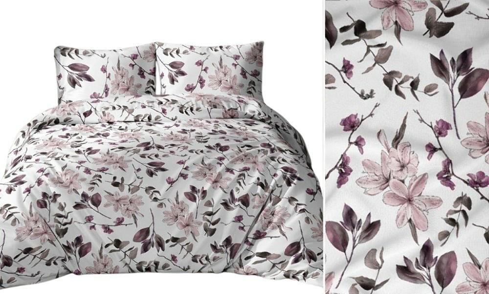 Pościel 160x200 biała różowa fioletowa kwiaty liście bawełna Max