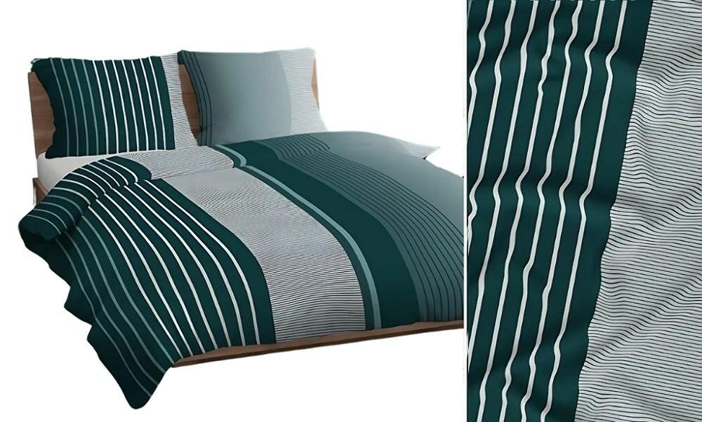 Pościel 160x200 zielona butelkowa biała paski bawełna Max