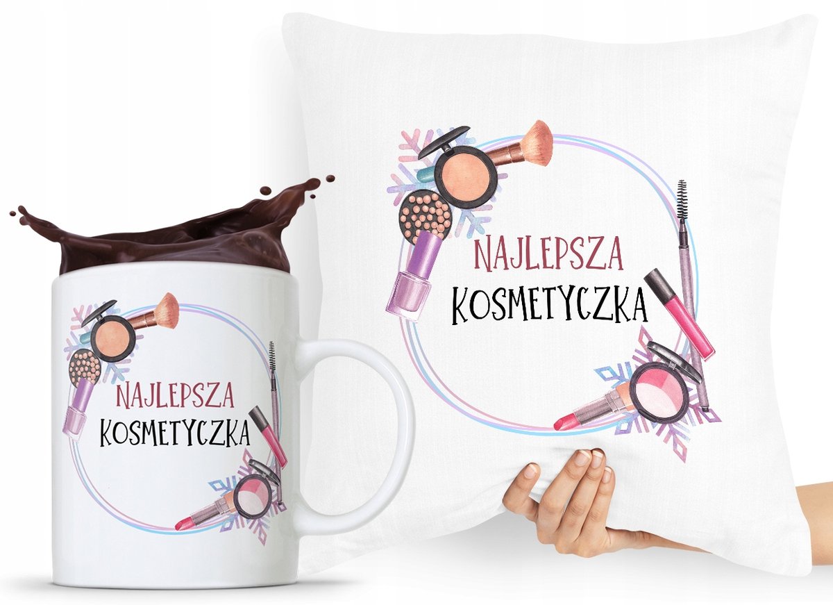ZESTAW PODUSZKA + KUBEK KOSMETYCZKI MAKIJAŻYSTKI z Nadrukiem ze Zdjęciem