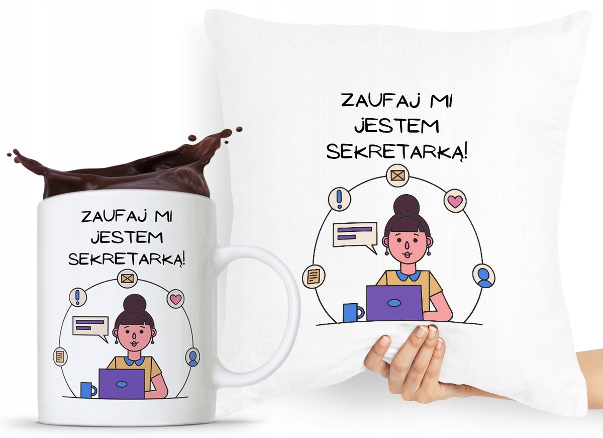 ZESTAW PODUSZKA + KUBEK DLA SEKRETARKI ASYSTENTKI z Nadrukiem ze Zdjęciem