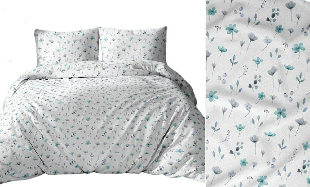 Pościel 140x200 biała niebieska kwiaty gałązki bawełna Max