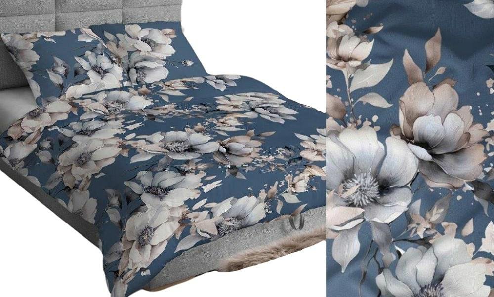 Pościel 140x200 niebieska ciemna szara beżowa kwiaty bawełna Max