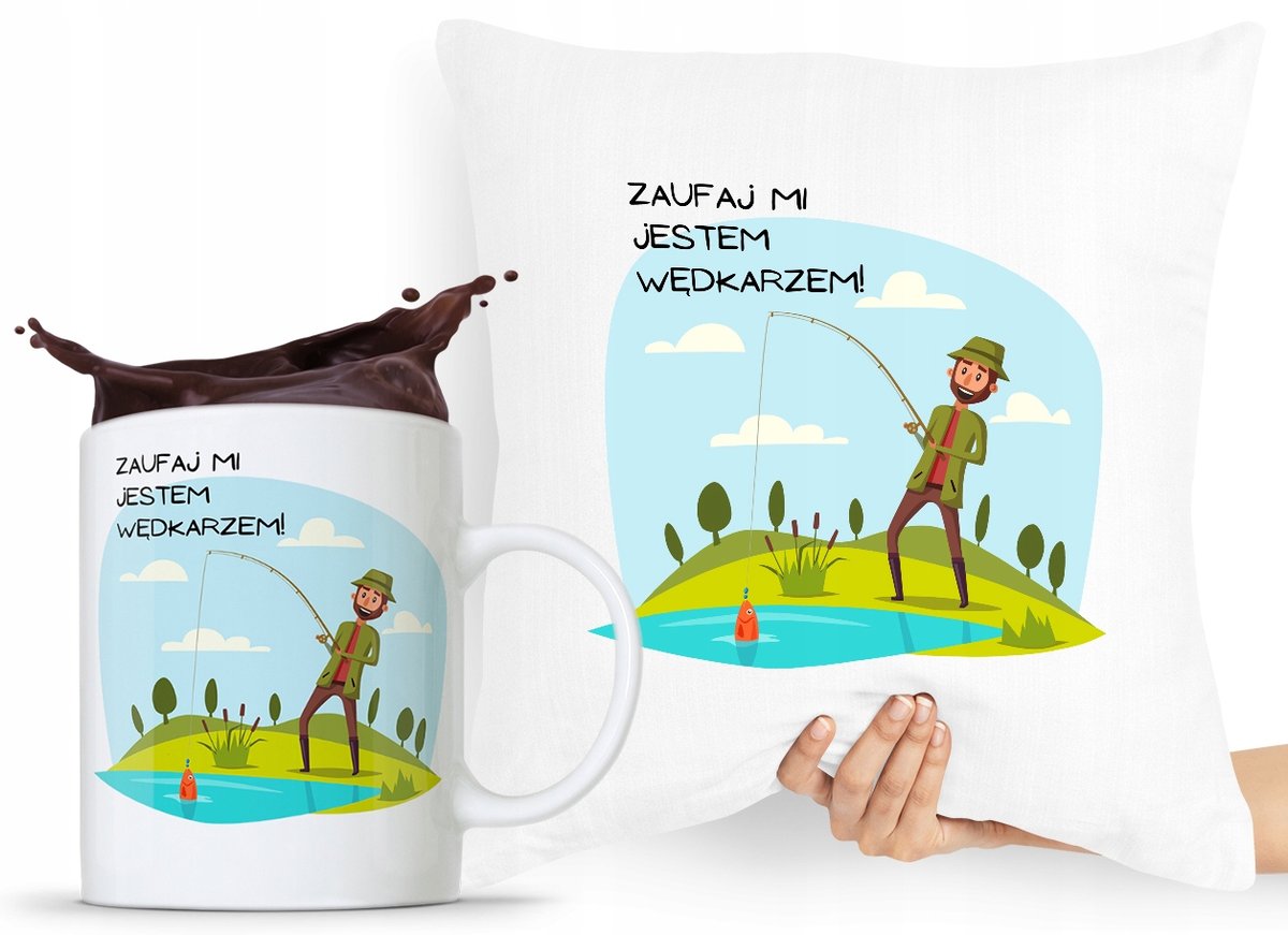 ZESTAW PODUSZKA + KUBEK WĘDKARZA RYBAKA PREZENT z Nadrukiem ze Zdjęciem