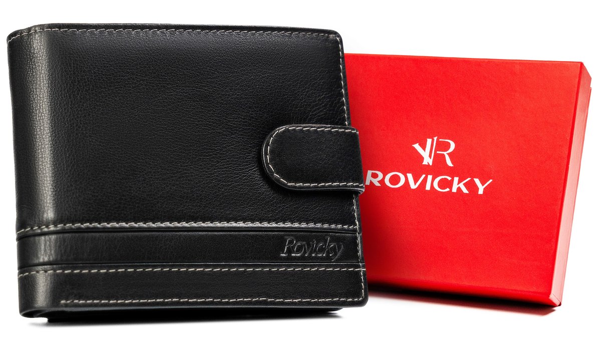 Klasyczny skórzany portfel męski duży poziomy na zatrzask ROVICKY czarny rozbudowany na karty elegancki pudełko prezentowe antykradzieżowy RFID STOP