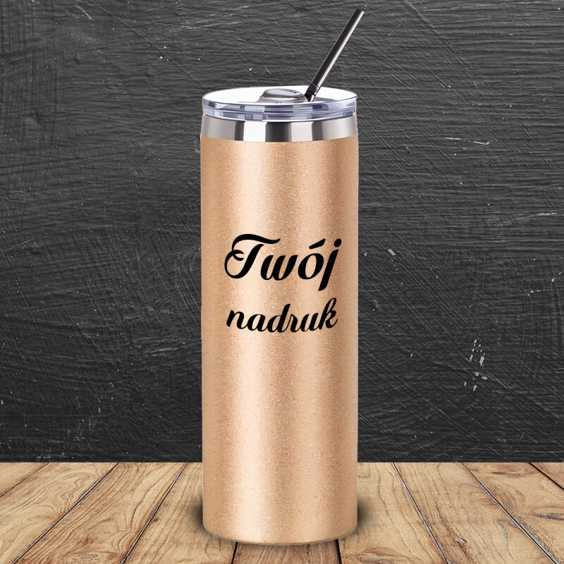 Złoty kubek Glitter 600 ml z podwójnymi ściankami i słomką z Twoim nadrukiem
