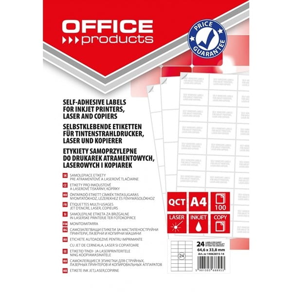 Etykiety papierowe 64,6x33,8 białe OFFICE PRODUCTS 100 arkuszy /14063815-14/