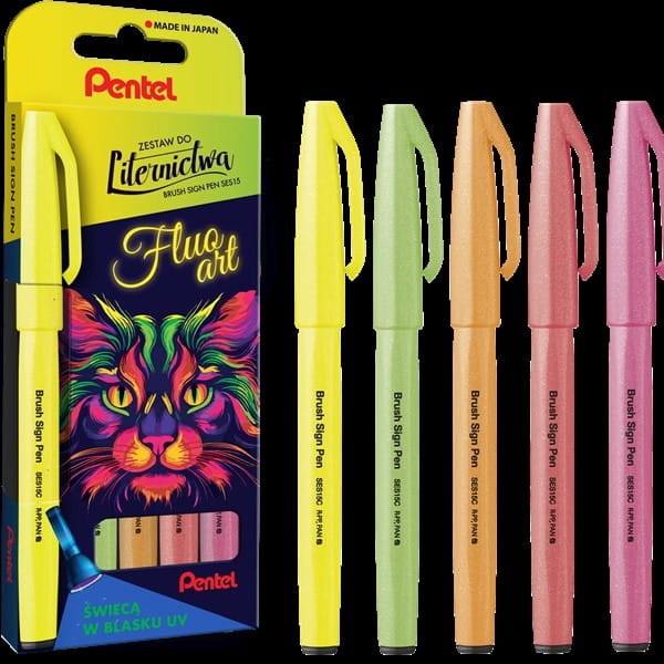 Pisaki pędzelkowe/BRUSH 5 kolorów PENTEL do kaligrafii i liternictwa fluo art flourescencyjne różowy czerwony pomarańczowy zielony żółty 5szt. /SES15C-ST5FLUOPL/