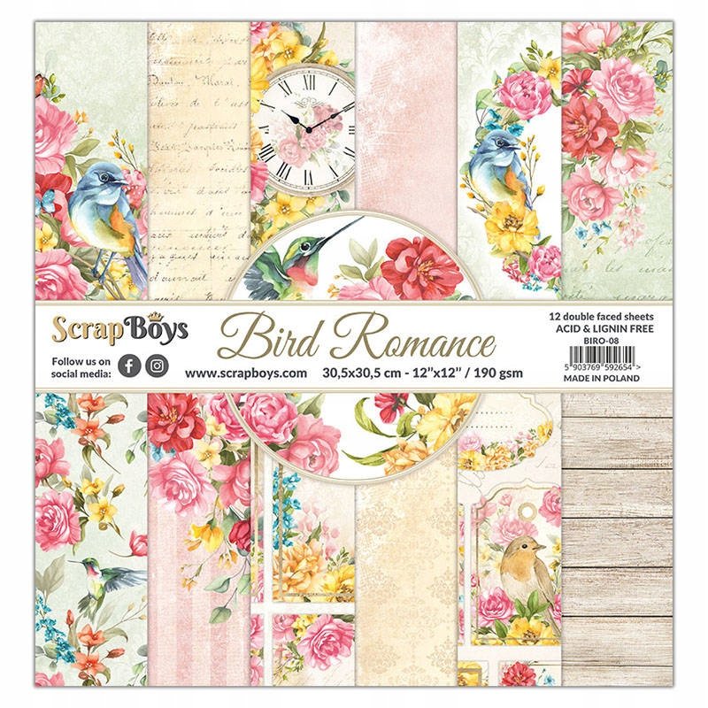 Zestaw papierów 30x30 - Scrapboys - Bird Romance