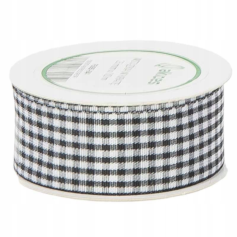 Wstążka w kratkę biało - czarna 25mm - 10mb
