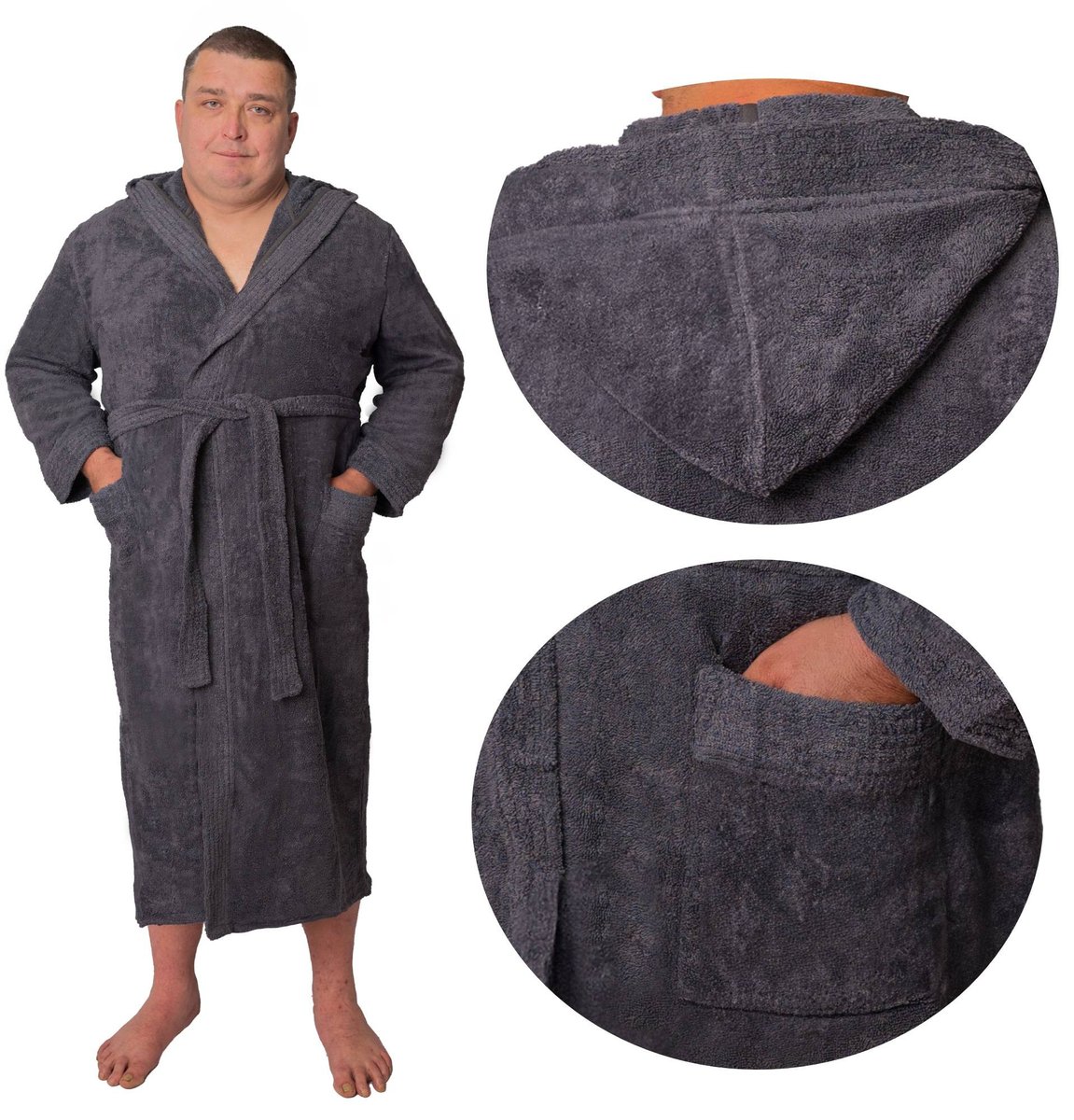 DUŻY Szlafrok męski GRUBY FROTTE PRESTIGE Z KAPTUREM WIĄZANY 2XL