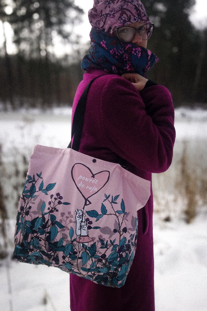 TORBA maxi /różowa SZOPERKA XL, autorski print MYSZKI w JEŻYNACH + serce (100% sztywna BAWEŁNA)