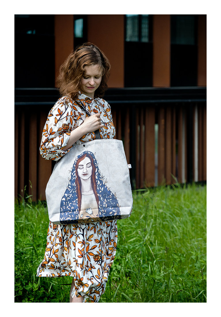 TORBA maxi /szara SZOPERKA XL, autorski print z MURALEM Oblicze Piękna + żółte róże (100% sztywna BAWEŁNA)