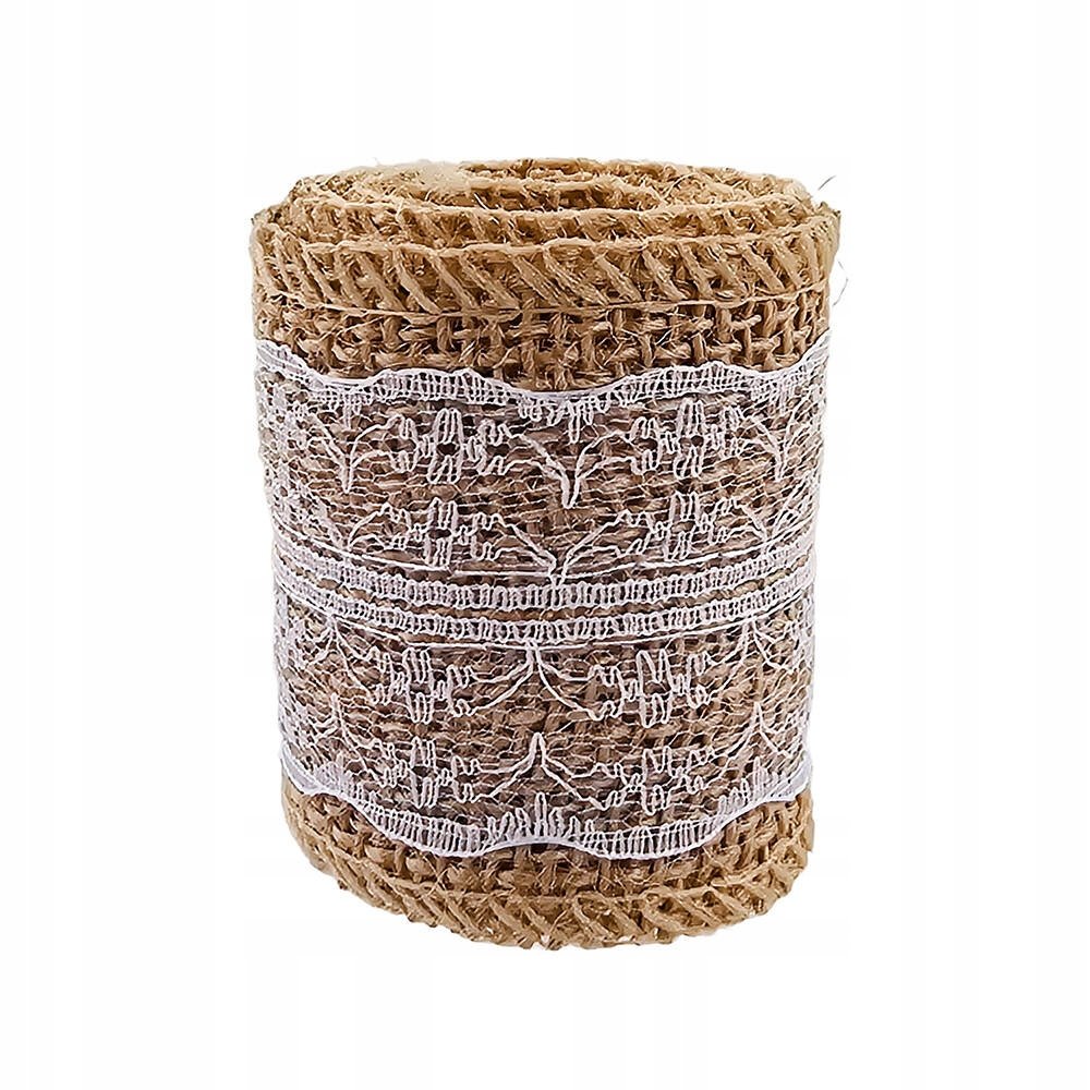 WSTĄŻKA JUTOWA naturalna z białą koronką 6cm x 1,2m