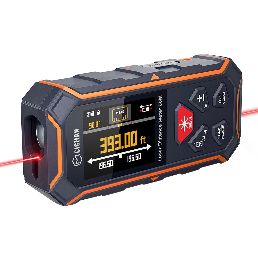 CIGMAN CD-60R 393Ft/120M Bilateral Red Laser Measure LCD Display with 6 Units Ft/in/M Angle Sensor Multiple Measure Mode M