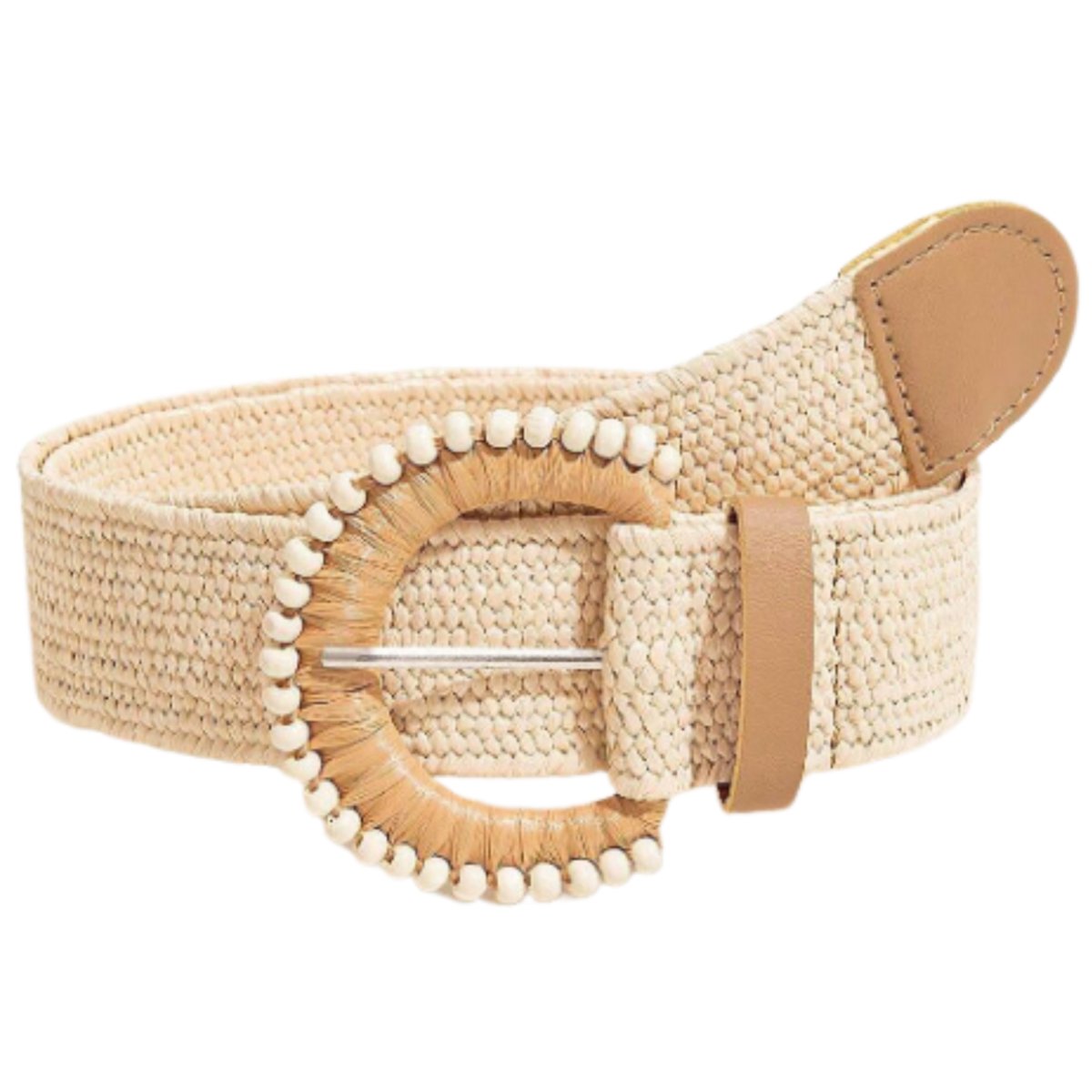 Pasek słomiany beżowy elastyczny pas na talię pleciony z koralikami