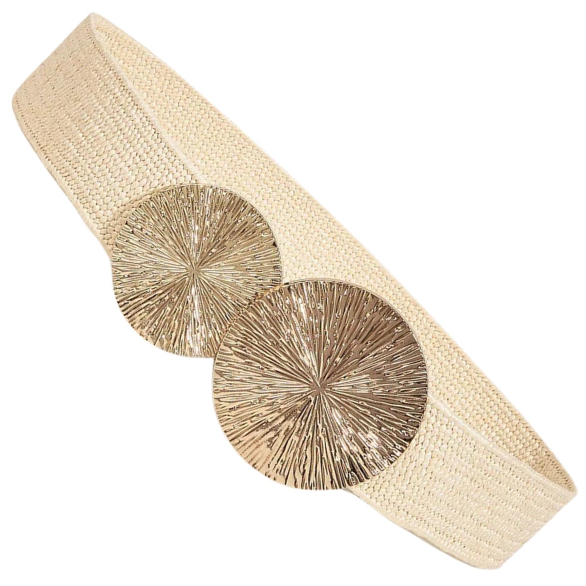 Damski słomiany pasek pleciony okrągła klamra beżowy ozdobny pas