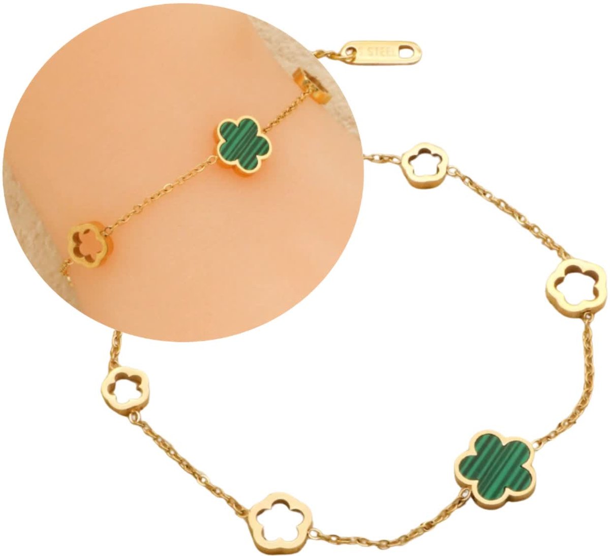 Bransoletka pozłacana stal chirurgiczna zielony kwiatek