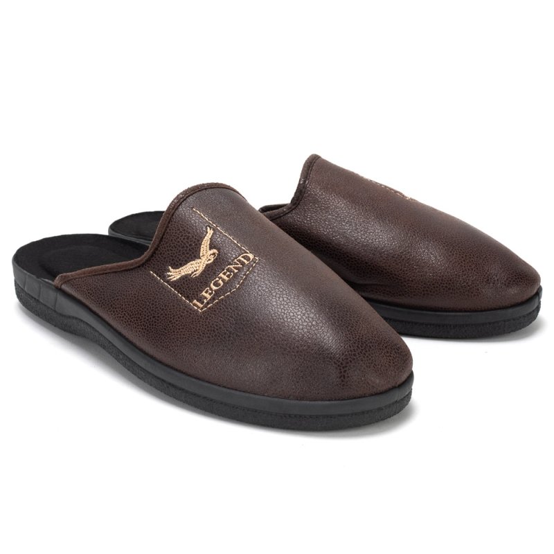 Kapcie Skórzane Wygodne Modne Stylowe Papcie Domowe Męskie Brązowe Profilowane Legend 43