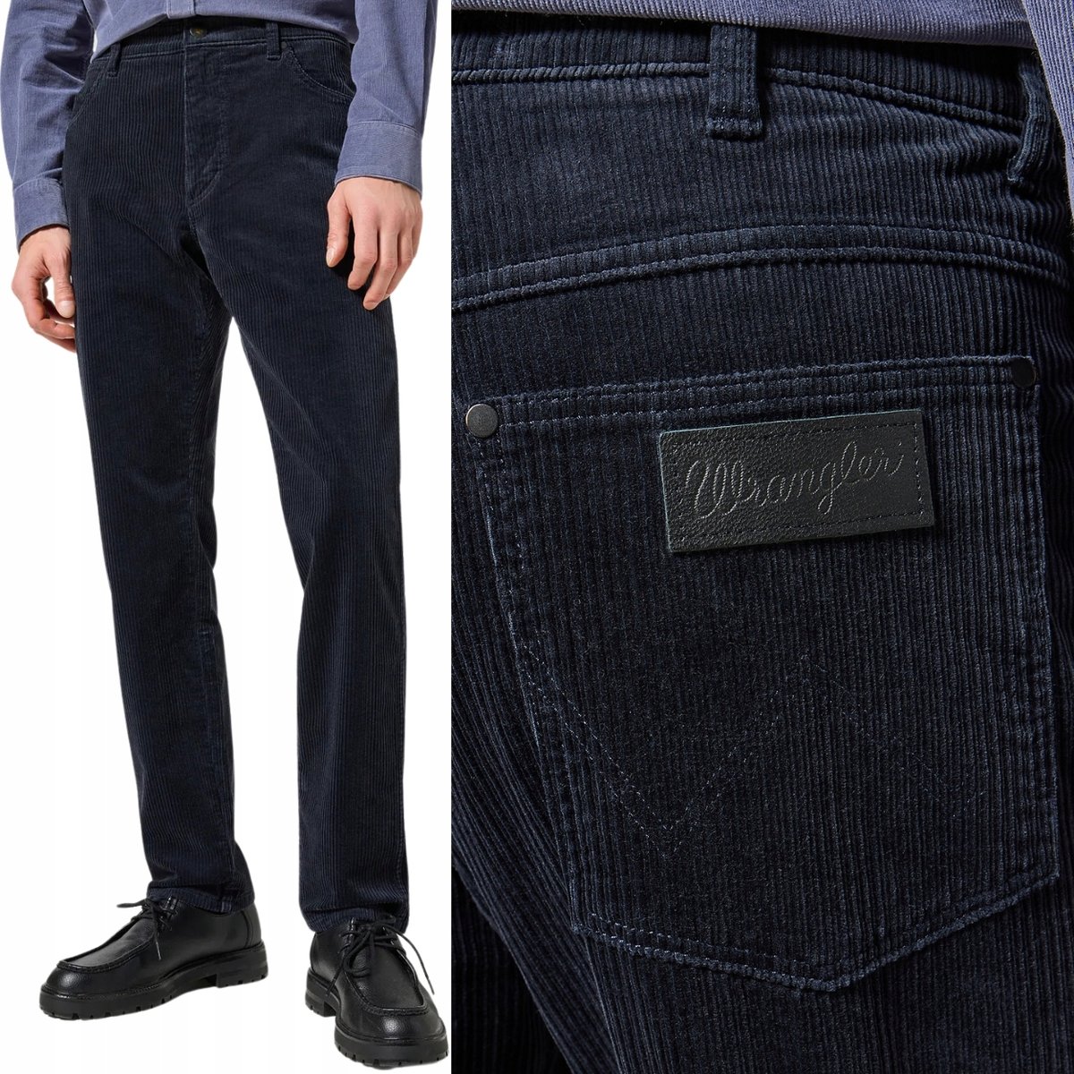 Wrangler RIVER Dark Navy KLASYCZNE ZWĘŻANE GRANATOWE SZTRUKSY W34 L34