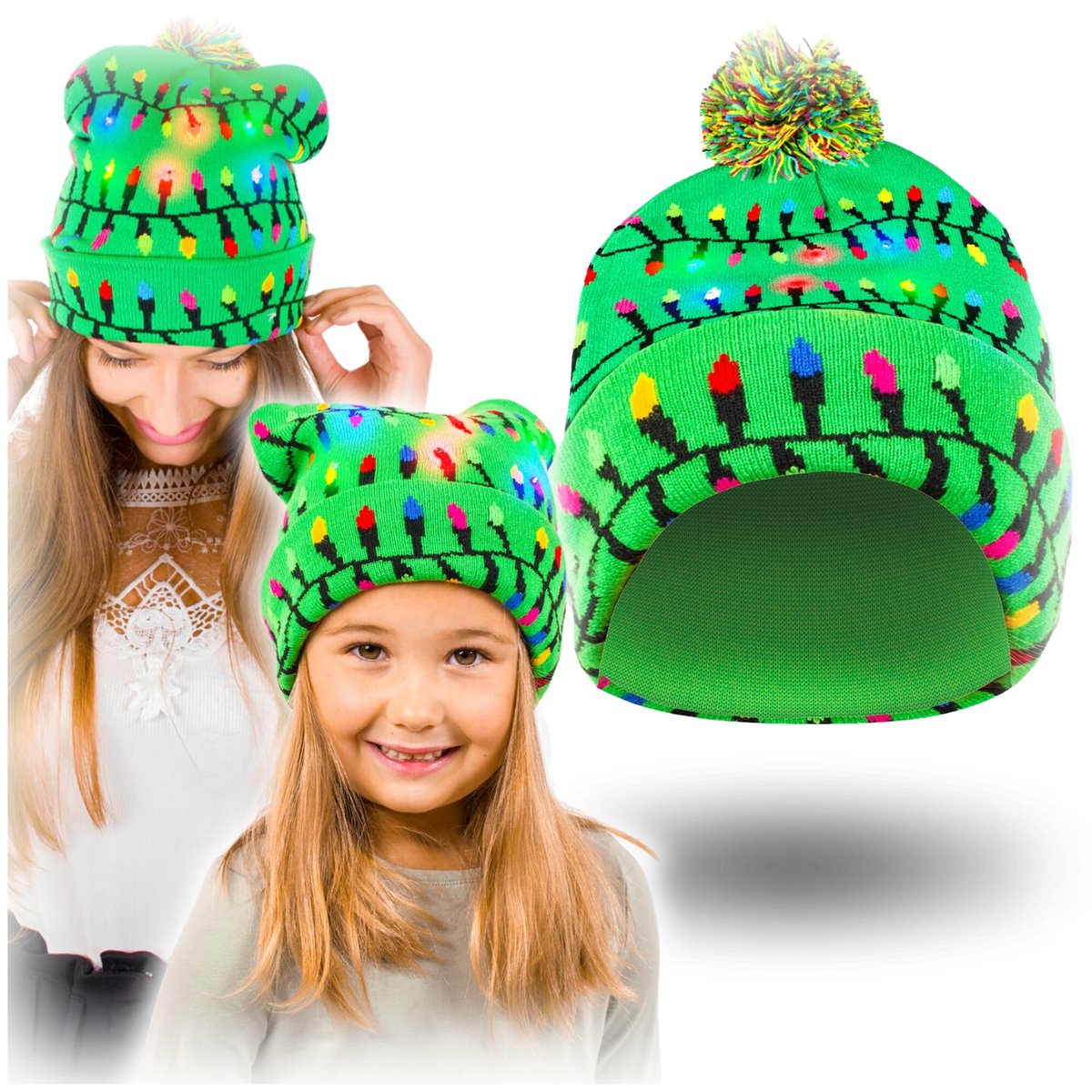 Czapka świąteczna świecąca LED z pomponem zimowa - zielona