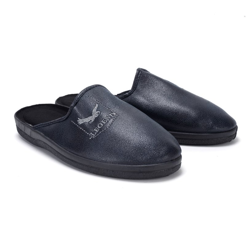 Kapcie Skórzane Wygodne Modne Stylowe Papcie DomoweMęskie Granatowe Profilowane Legend 45
