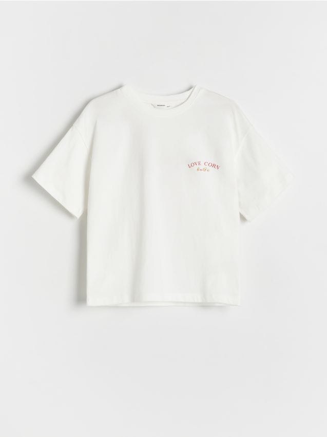 Reserved - Bawełniany t-shirt z nadrukiem - złamana biel