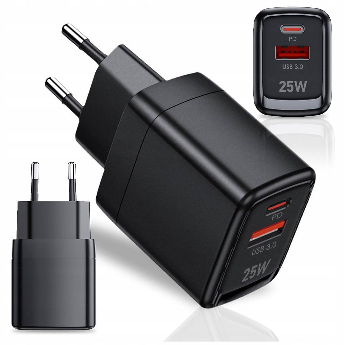Ładowarka Sieciowa Kostka 2 Wejścia Usb + Typ-C Usb-C Do Telefonu 25W Czarn