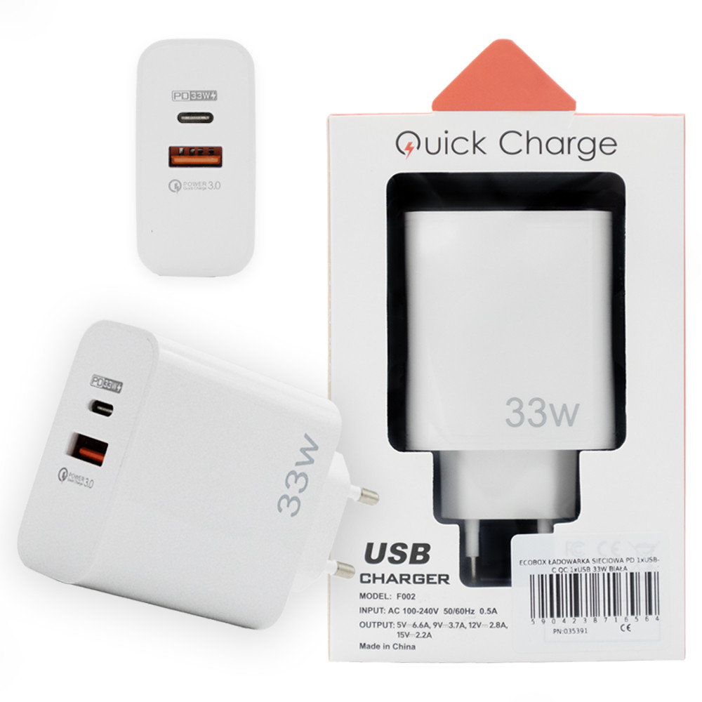ECOBOX ŁADOWARKA SIECIOWA PD 1xUSB-C QC 1xUSB 33W DUAL BIAŁA