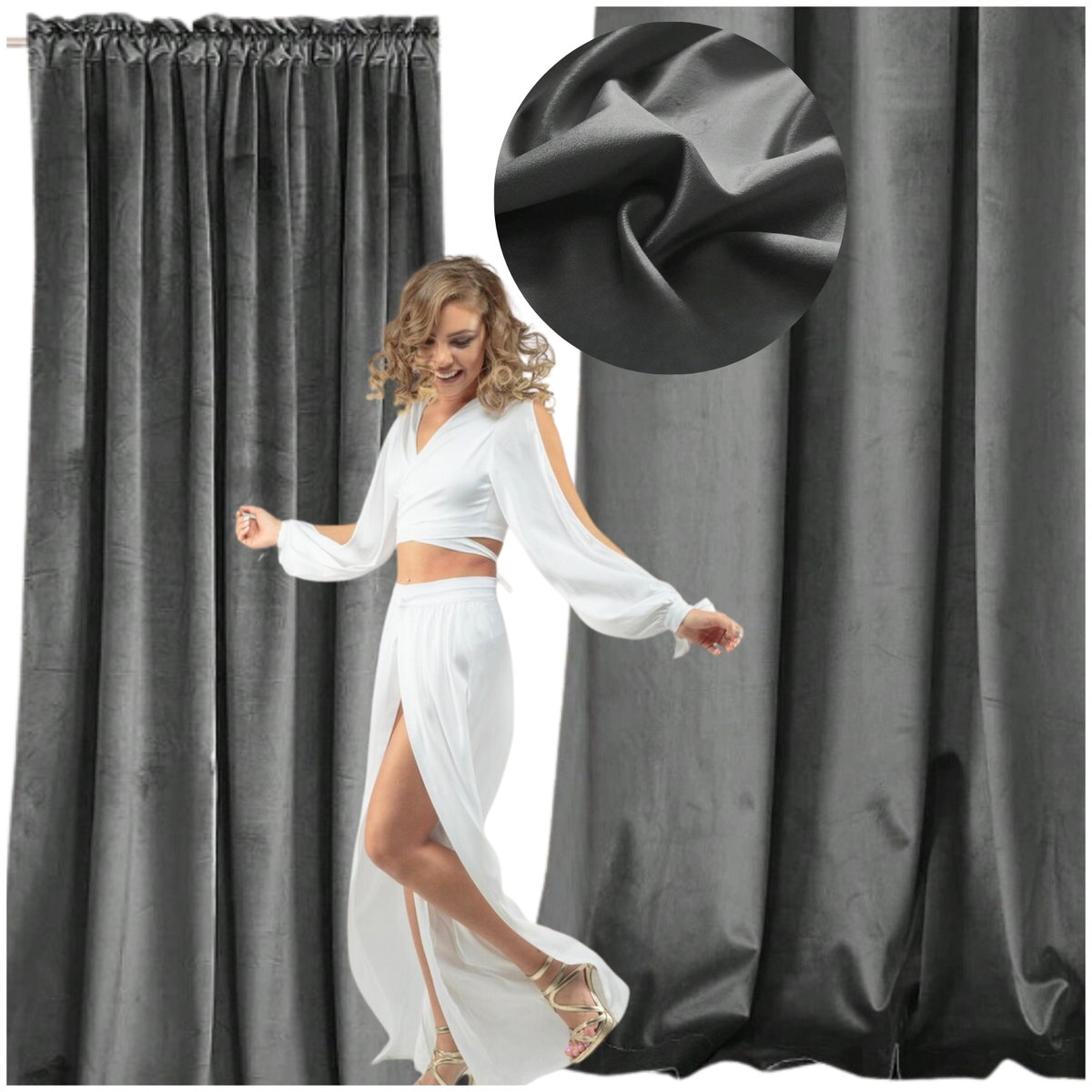 zasłona welurowa na taśmie - ciemnoszara