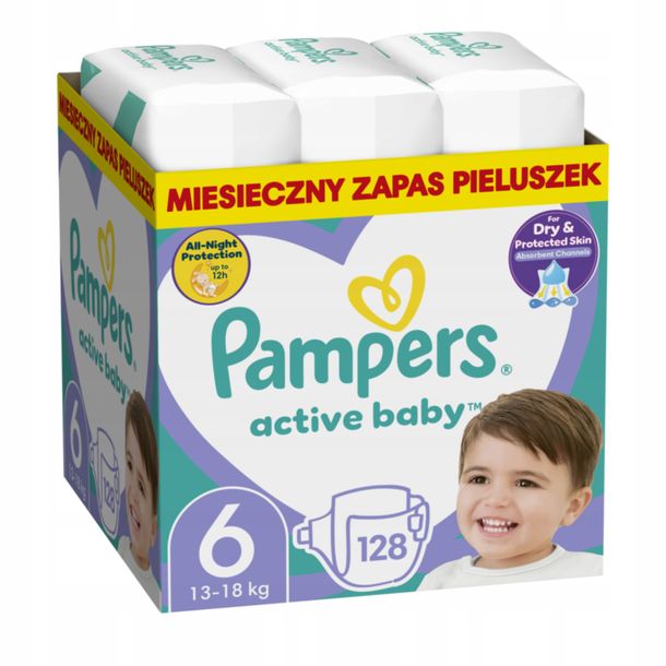 PAMPERS ACTIVE BABY Pieluszki rozmiar 6 Zestaw 128 sztuk na cały miesiąc
