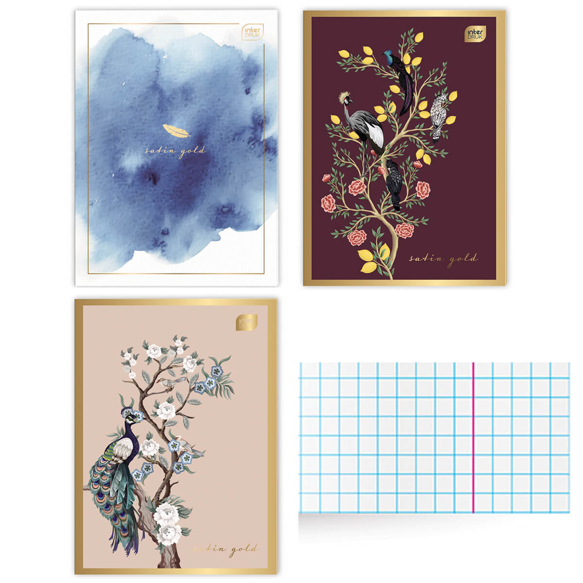 3 X ZESZYT A4, 60 KARTEK, KRATKA Z MARGINESEM, INTERDRUK, METALIZOWANY SATIN GOLD