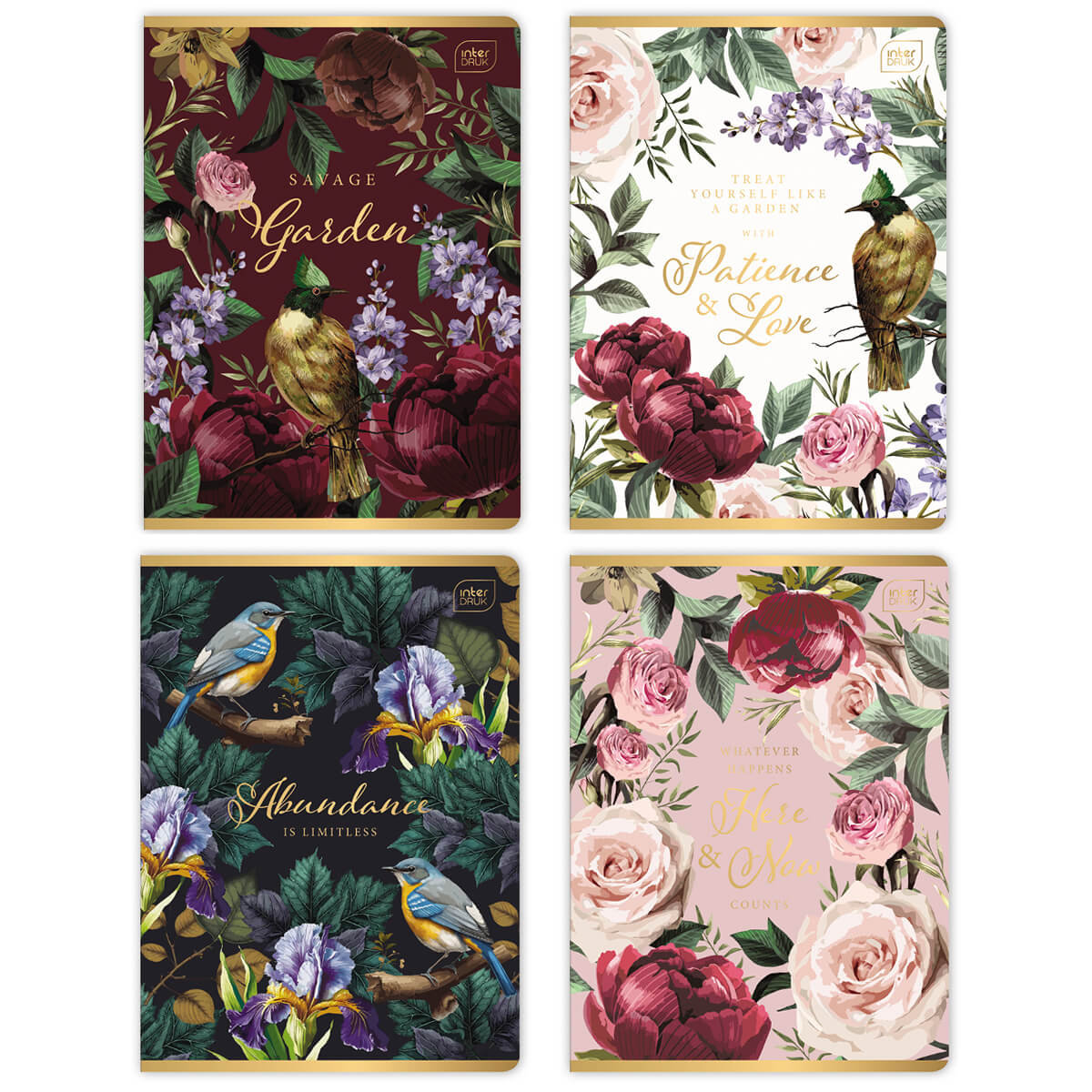 4 X ZESZYT A5 DLA DZIEWCZYNY, 80 KARTEK, KRATKA, kwiatowe wzory ze złotą metalizą