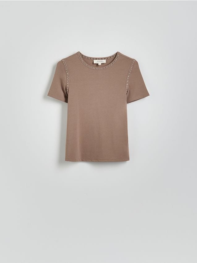 Reserved - T-shirt z ćwiekami - brązowy
