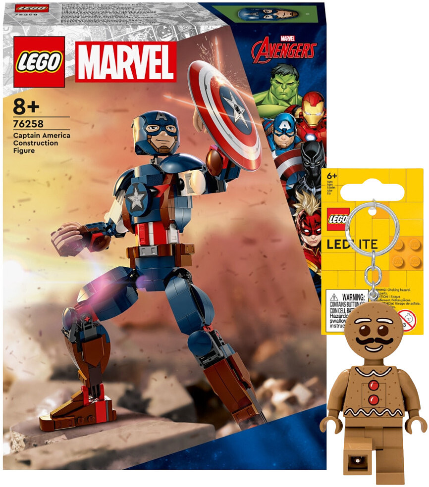 Zestaw LEGO Klocki Marvel Super Heroes Figurka Kapitana Ameryki 76258 + Brelok Piernikowy ludek LGL-KE182