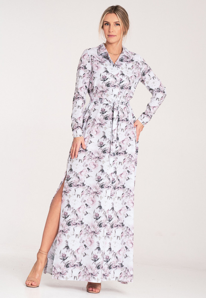 Koszulowa sukienka maxi z guzikami - biała w kwiaty M1077 rozmiar XL