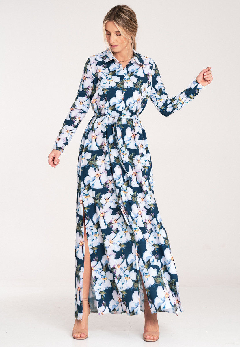 Koszulowa sukienka maxi z guzikami - niebieska w kwiaty M1077 rozmiar S