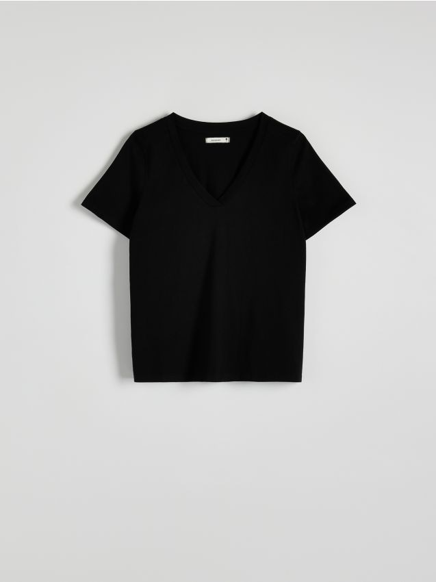 Reserved - T-shirt regular z dekoltem V - czarny
