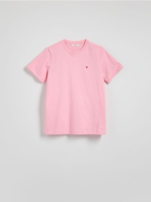 Reserved - T-shirt regular z drobnym haftem - pastelowy róż