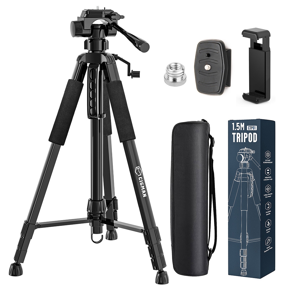 CIGMAN CTP01 1 5m/59inch Laser Level Tripod with 3-Way Swivel Pan Head and Phone Holder Quick Release Plate with 1/4