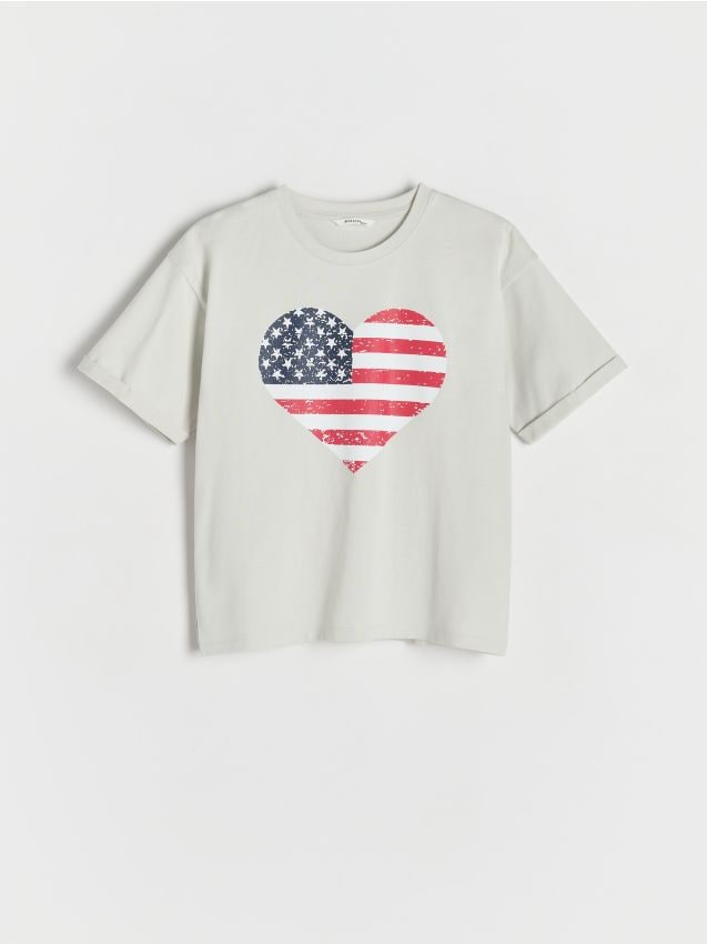 Reserved - Bawełniany t-shirt z nadrukiem - jasnoszary