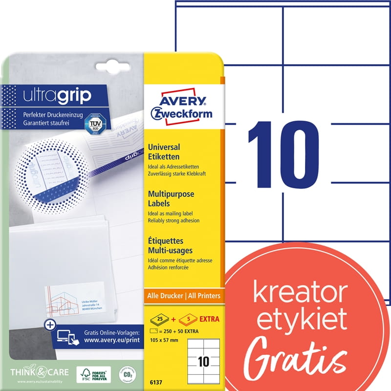 Etykiety papierowe 105x57mm białe AVERY ZWECKFORM ULTRA GRIP trwałe 25+5ark 30 etykiet /6137/