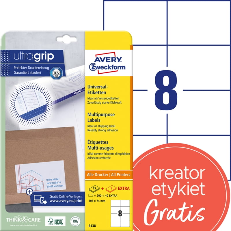 Etykiety papierowe 105x74mm białe AVERY ZWECKFORM ULTRA GRIP trwałe 25+5ark 30 etykiet /6138/