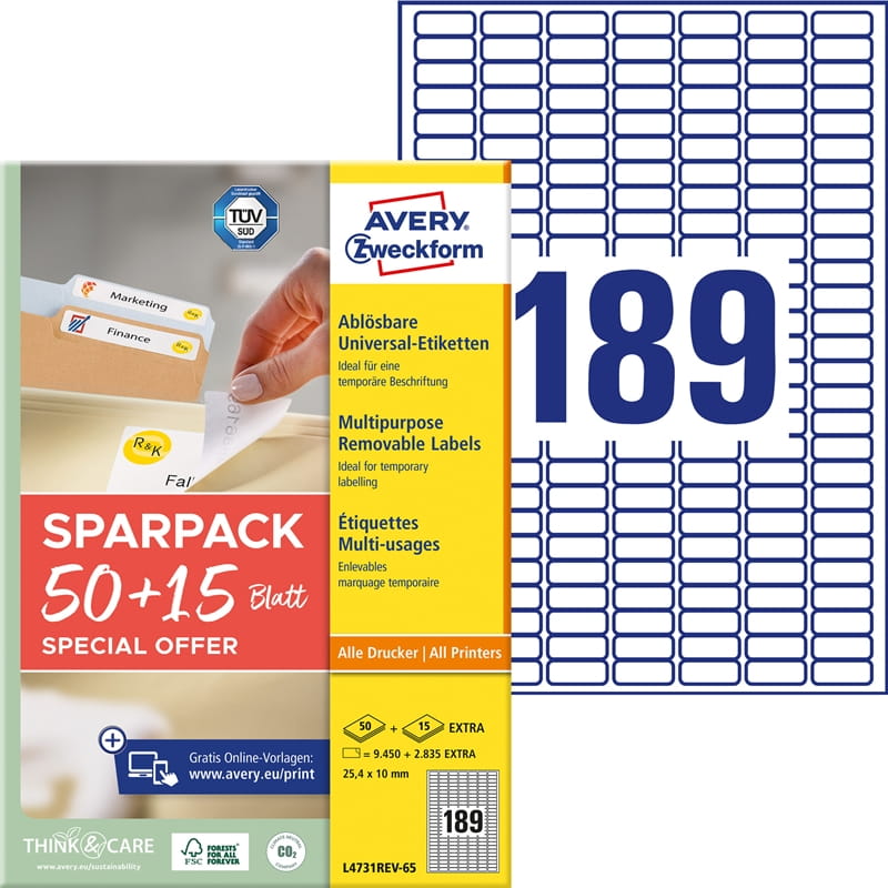 Etykiety papierowe 25,4x10mm białe AVERY ZWECKFORM ULTRA GRIP usuwalne 50+15ark 65 etykiet /L4731REV-65/