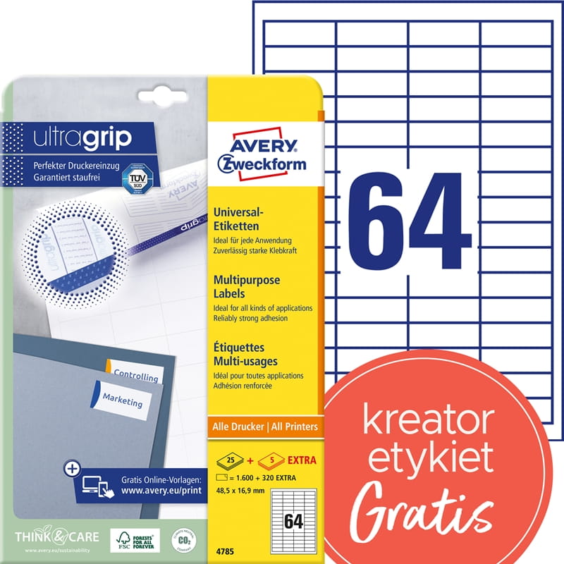 Etykiety papierowe 48,5x16,9mm białe AVERY ZWECKFORM ULTRA GRIP Trwałe 25+5ark 30 etykiet /4785/