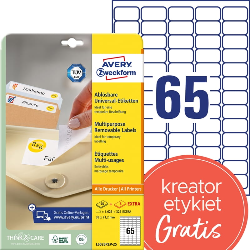 Etykiety papierowe 96x50,8mm białe AVERY ZWECKFORM ULTRA GRIP usuwalne 25+5ark 30 etykiet /L6026REV-25/