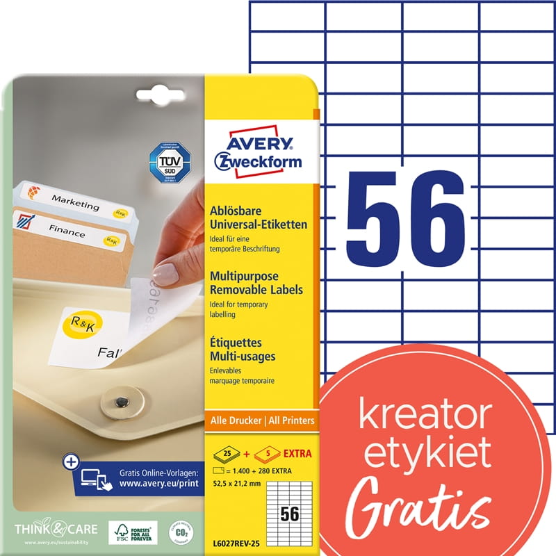 Etykiety papierowe 96x50,8mm białe AVERY ZWECKFORM ULTRA GRIP usuwalne 25+5ark 30 etykiet /L6027REV-25/