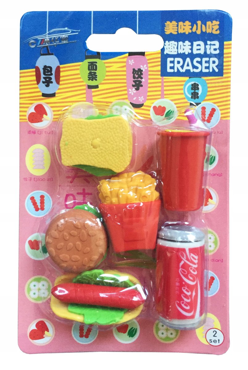 GUMKI do ścierania mazania FRYTKI BURGER COCA COLA zestaw gumek hot dog