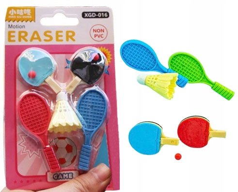GUMKI do ścierania mazania GAMES GRY zestaw gumek kręgle badminton gumka